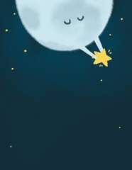 A charming, dreamy illustration of a cute smiling moon gently holding a bright yellow star against a deep blue night sky. Ideal for "Twinkle Twinkle Little Star" baby shower invitation, nursery decor