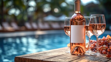 Ros? wine bottle and glasses by pool