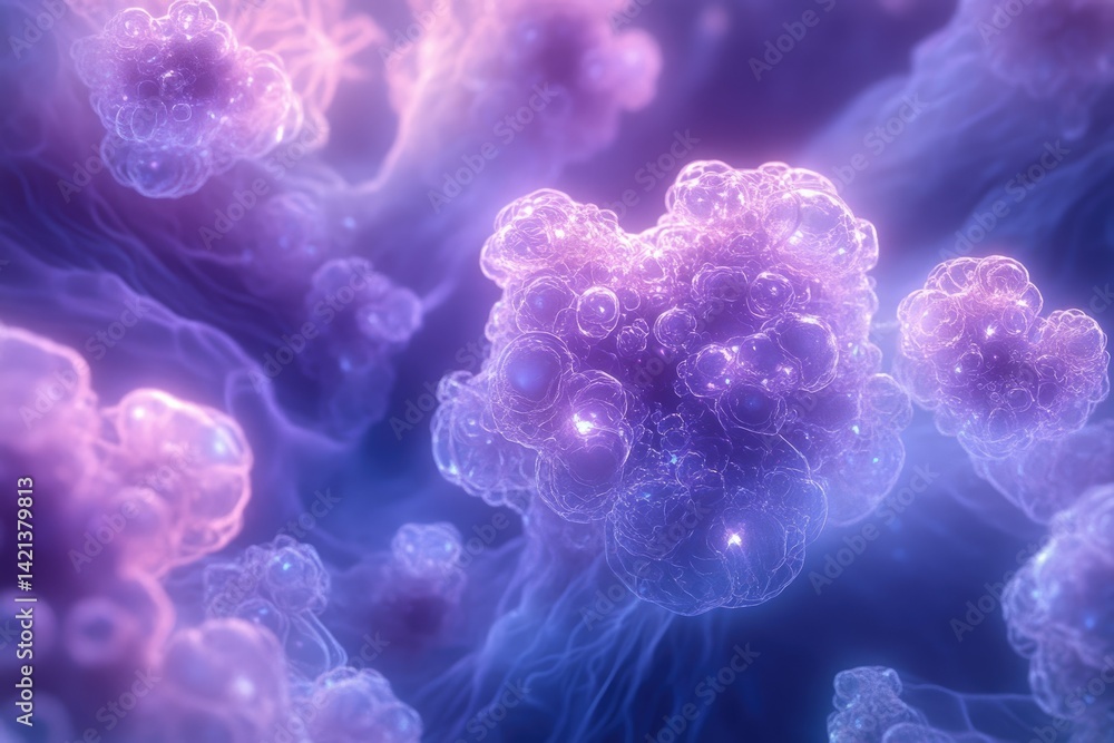 Poster abstract image depicting glowing, interconnected cellular structures, reminiscent of a microscopic v
