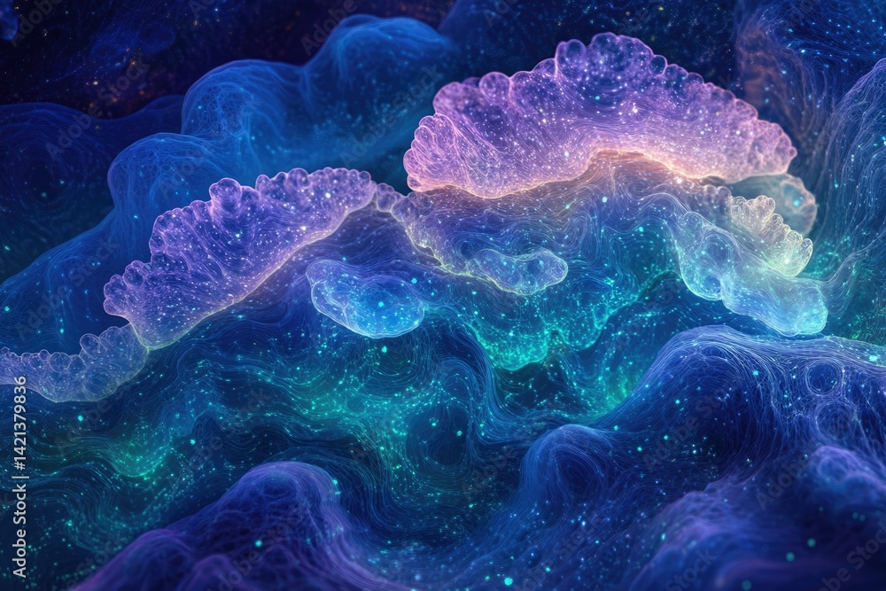 Poster abstract cosmic jellyfish, vibrant nebula swirls, glowing ethereal forms in deep space.