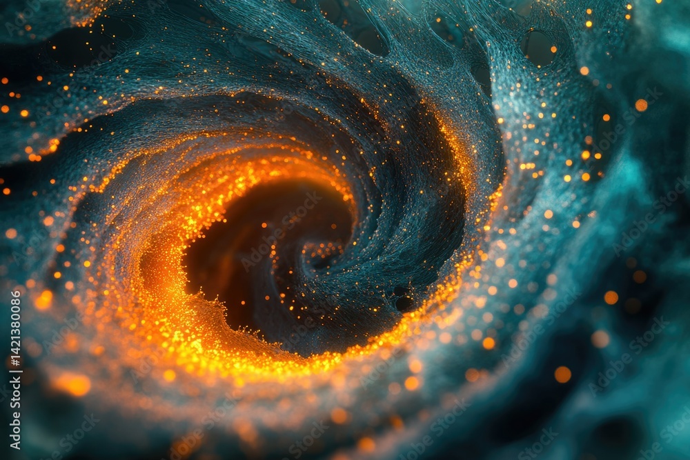 Poster A mesmerizing swirl of teal and golden particles, creating a vortex of light and energy.