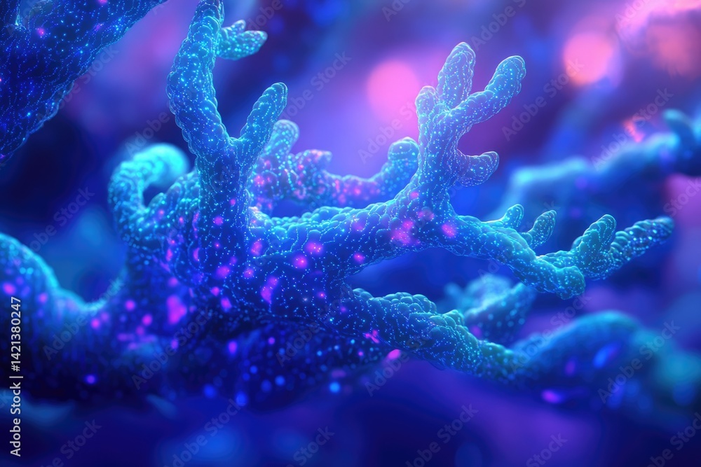 Poster microscopic view of a complex, branching biological structure, glowing with vibrant blue and purple 