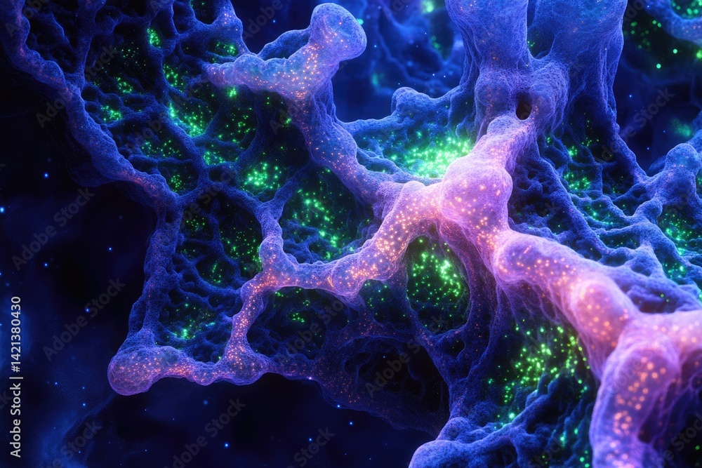 Poster abstract cosmic nebula, vibrant glowing gas and dust clouds, intricate network of structures, resemb