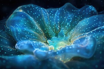 A mesmerizing abstract bioluminescent flower, glowing with vibrant teal and gold hues, intricate details.