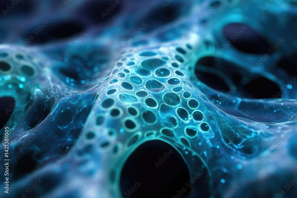 Poster Abstract close-up of a bioluminescent, porous, network structure resembling a cellular or neural system.