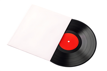 Blank Vinyl Record with White Sleeve on Black Background. Record in a white paper jacket