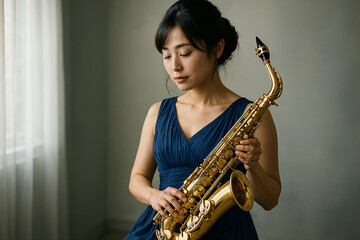 Obraz premium Elegant Woman in Blue Dress Holding a Gold Alto Saxophone Musical Instrument Professional Musician Portrait Studio Photography Background Soft Lighting Beautiful Saxophonist art jazz wind girl brass 