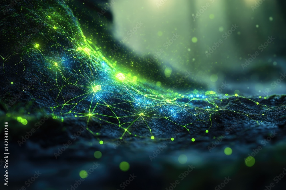 Poster Glowing network of nodes and connections on a dark, textured surface, resembling a neural network or digital landscape.