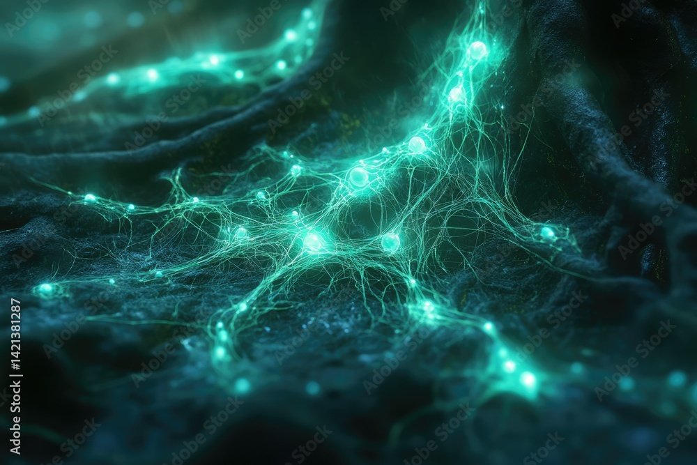 Poster Glowing teal neural network, intricate web-like structure of interconnected nodes, abstract representation of brain or nervous system.