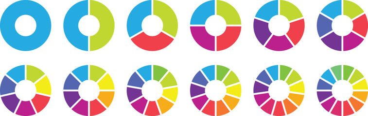Obraz premium Circle pie chart diagram. 1,2,3,4,5,6,7,8,9,10,11,12 sections or steps. Flat process cycle. Colorful Pie chart set. Circle section graph. Circular chart. Progress sectors. Vector illustration, 10 eps.
