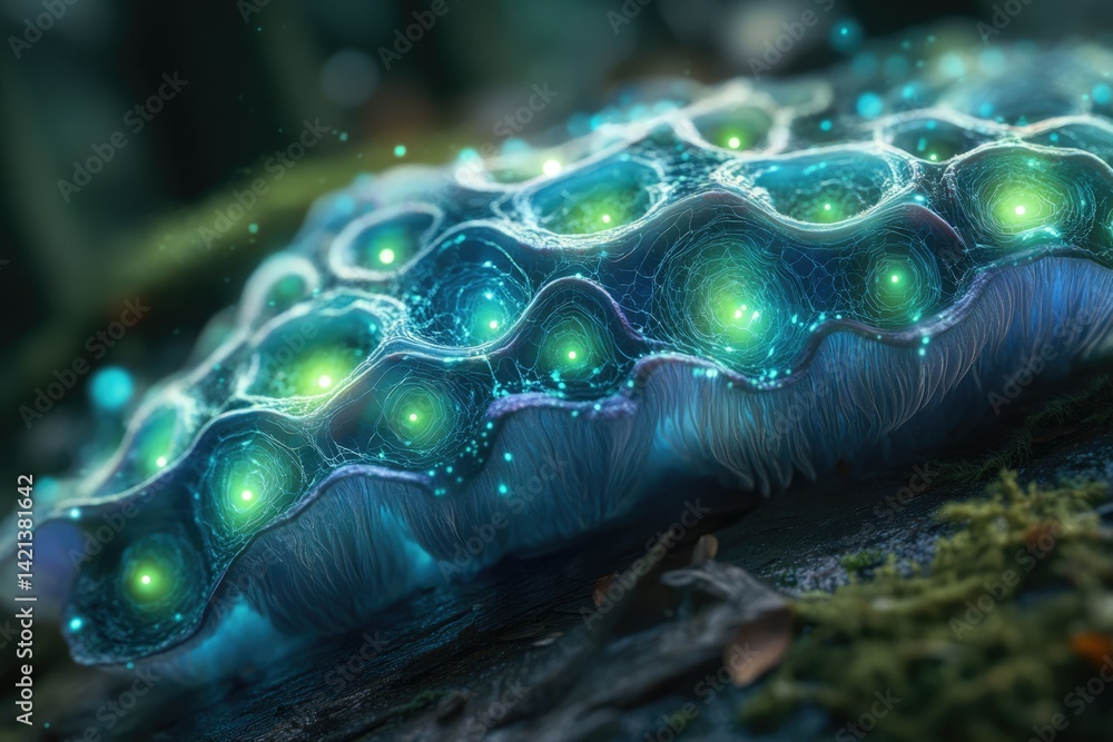 Poster Bio-luminescent mushroom with intricate network glowing in dark forest.