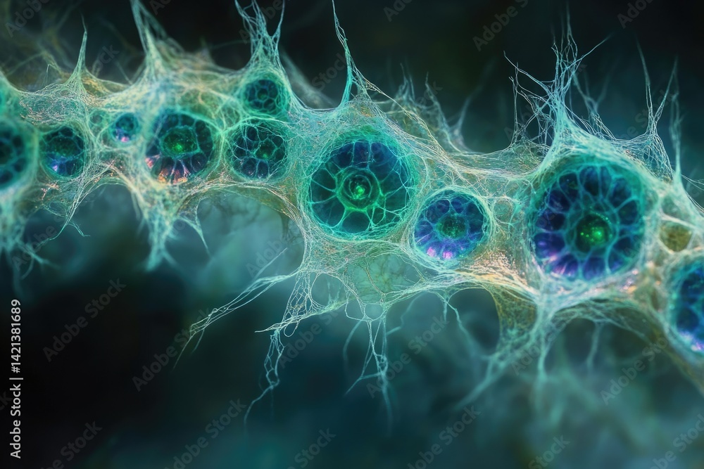 Aufkleber microscopic view of interconnected cells, showcasing intricate network and vibrant hues.
