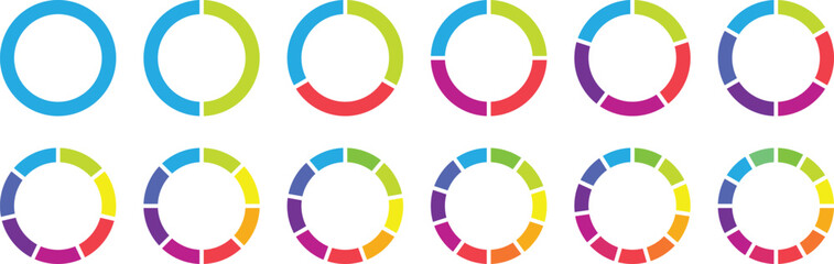 Circle pie chart diagram. 1,2,3,4,5,6,7,8,9,10,11,12 sections or steps. Circle section graph. Colorful Pie chart set. Flat process cycle. Progress sectors. Circular chart. Vector infographic