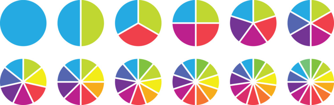 Circle pie chart diagram. Circle section graph. 1,2,3,4,5,6,7,8,9,10,11,12 sections or steps. Colorful Pie chart set. Circular chart. Flat process cycle. Progress sectors. Vector infographic set