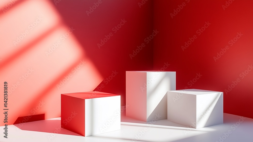 Poster red and white cubes minimalist product display background wall scene clean light color style image