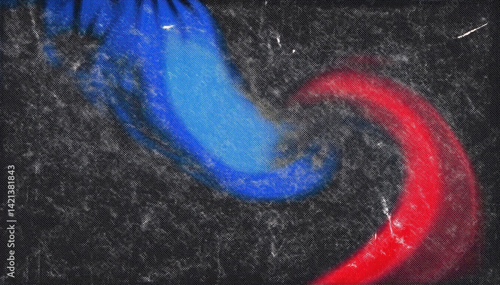 Poster abstract red and blue color swirl on dark textured canvas with scratched details for digital backgro