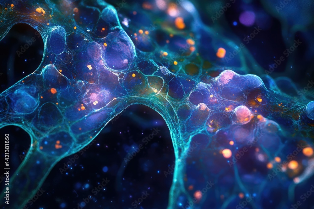 Poster microscopic view of a cell's intricate network, glowing with vibrant colors and intricate details.