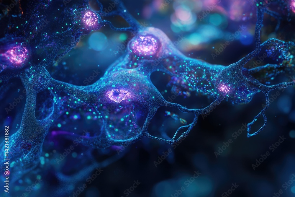 Aufkleber Abstract microscopic view of a neural network, showcasing intricate connections and glowing nodes.