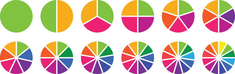 Circle pie chart diagram. Circle section graph. 1,2,3,4,5,6,7,8,9,10,11,12 sections or steps. Colorful Pie chart set. Circular chart. Flat process cycle. Progress sectors. Vector infographic set