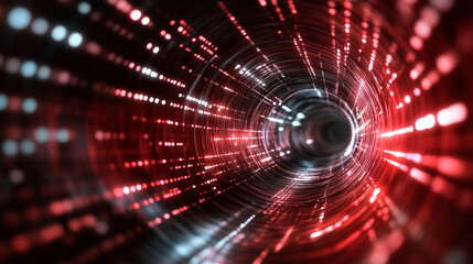Obraz premium Digital tunnel of glowing red optical threads, curving through a futuristic matrix, evoking unstoppable flow of data and network access