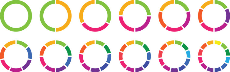Circle pie chart diagram. 1,2,3,4,5,6,7,8,9,10,11,12 sections or steps. Circle section graph. Colorful Pie chart set. Flat process cycle. Progress sectors. Circular chart. Vector infographic