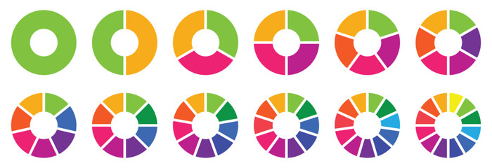 Circle pie chart diagram. 1,2,3,4,5,6,7,8,9,10,11,12 sections or steps. Flat process cycle. Colorful Pie chart set. Circle section graph. Circular chart. Progress sectors. Vector illustration, 10 eps.