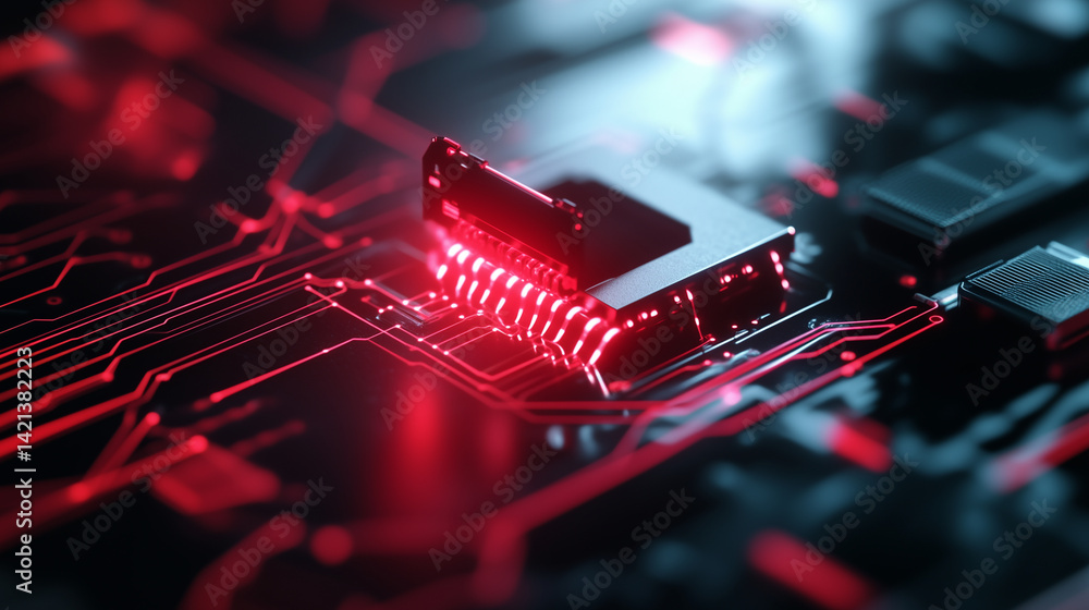 Poster macro shot of glowing red fiber tips emitting laser light into digital void, symbolizing precision a