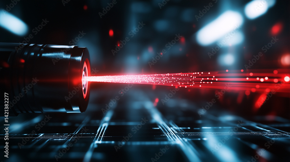 Poster macro shot of glowing red fiber tips emitting laser light into digital void, symbolizing precision a