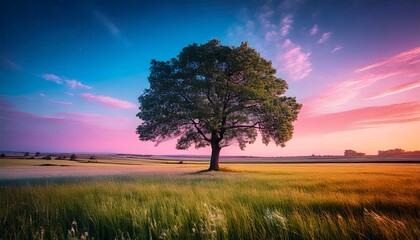 Obraz premium Serene sunset landscape single tree in vibrant field peaceful evening sky soft light beautiful