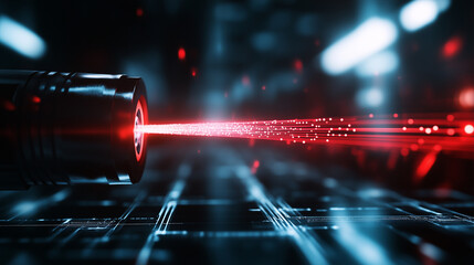 Macro shot of glowing red fiber tips emitting laser light into digital void, symbolizing precision and speed in communication tech