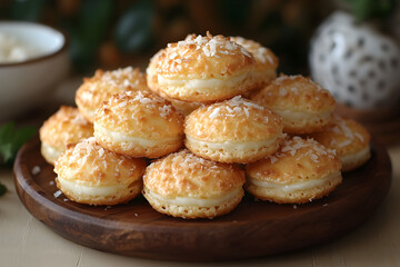 Golden coconut macaroons with a crisp exterior and delicate texture on wooden board