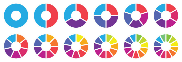 Circle pie chart diagram. 1,2,3,4,5,6,7,8,9,10,11,12 sections or steps. Flat process cycle. Colorful Pie chart set. Circle section graph. Circular chart. Progress sectors. Vector illustration, 10 eps.