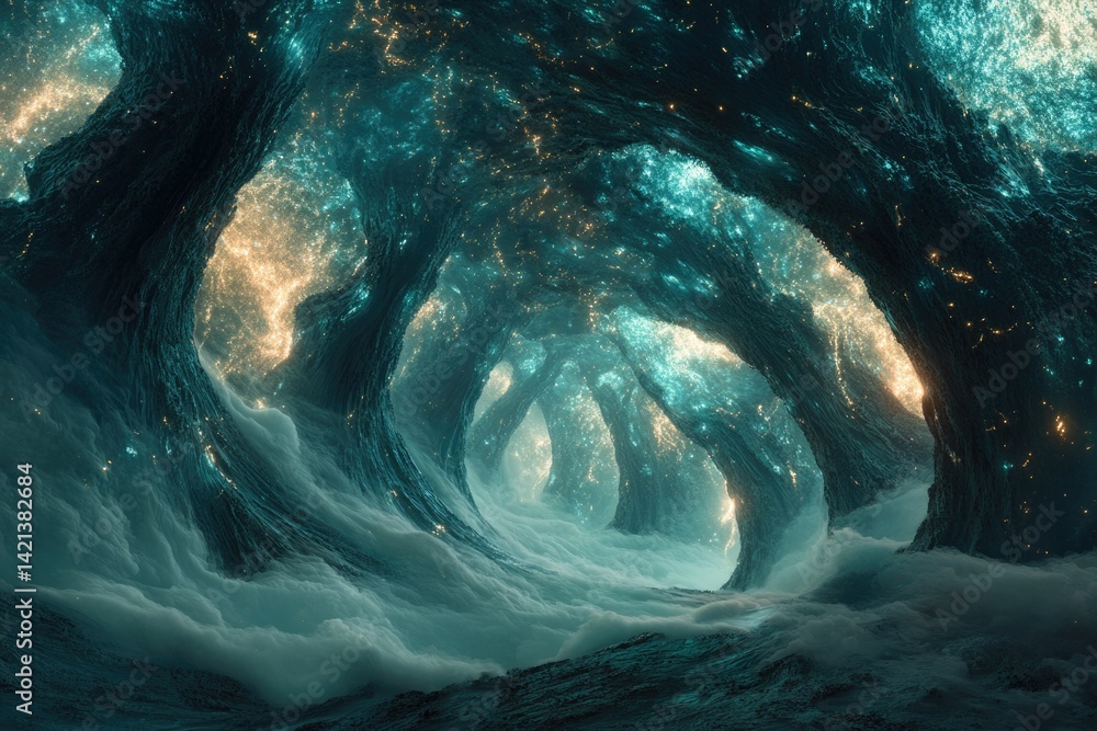 Poster enigmatic glowing cave, ethereal and mystical, with swirling clouds and luminous formations.
