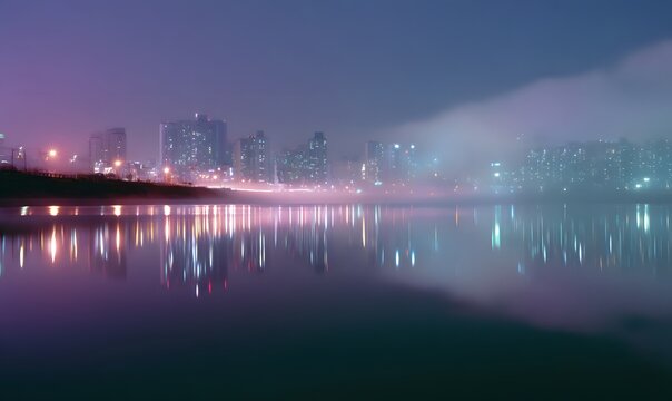 futuristic Korean cityscape at night with glowing holographic floating, Generative AI