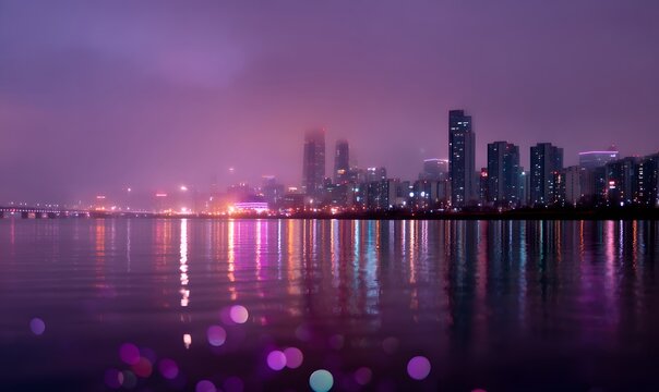 futuristic Korean cityscape at night with glowing holographic floating, Generative AI