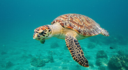 Obraz premium Sea Turtle Swimming Underwater in Ocean Habitat