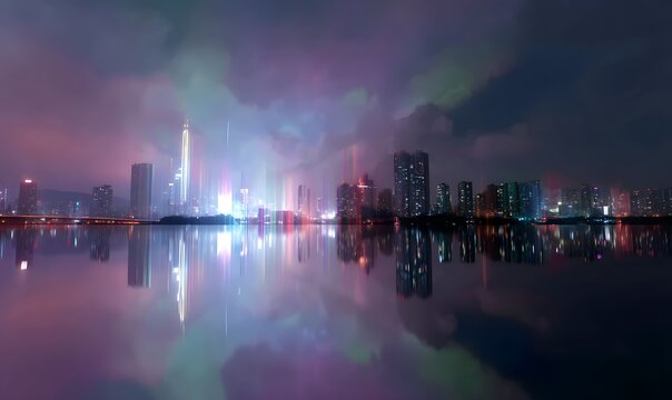 futuristic Korean cityscape at night with glowing holographic floating, Generative AI