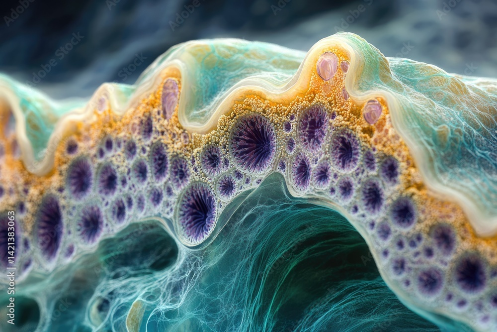 Poster intricate, vibrant microscopic view of a bioluminescent organism, showcasing complex cellular struct