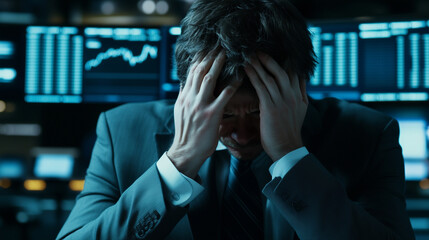 A businessman with a stressed expression holds his face as he watches his financial portfolio drop sharply on screen, signaling the devastation of a market downturn