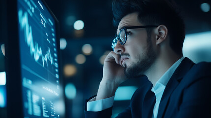 A businessman with a stressed expression holds his face as he watches his financial portfolio drop sharply on screen, signaling the devastation of a market downturn