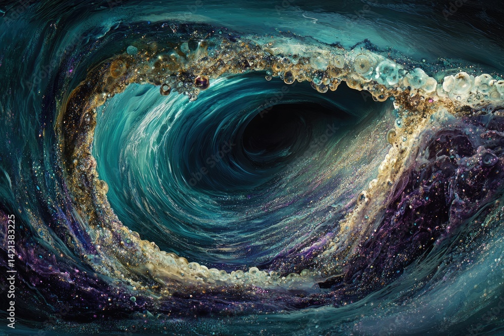 Poster a swirling vortex of teal and gold, resembling a cosmic ocean wave with glittering particles.