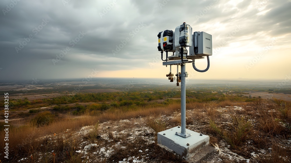 Poster Advanced weather monitoring equipment installed on a hilltop capturing wind temperature and other atmospheric data for scientific observation and forecasting
