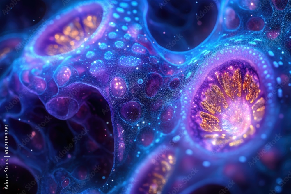 Poster abstract microscopic view of vibrant, glowing cells with intricate, interconnected structures.