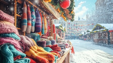 A colorful winter market stall selling handmade woolen scarves and mittens, with a snow-covered street in the background, festive decorations creating a cheerful atmosphere.