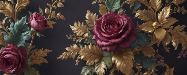 Subtle acanthus leaves & roses in jewel tones, gilded accents ,  pattern,  fabric,  royal
