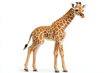 Fototapeta premium Curious baby giraffe standing gracefully against a white background.