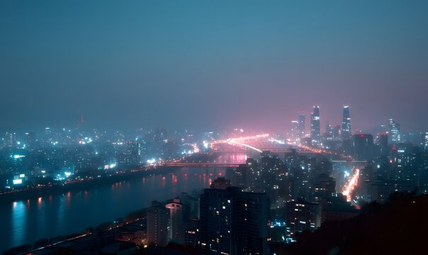 futuristic Korean cityscape at night with glowing holographic floating, Generative AI