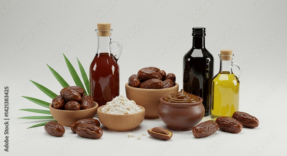 Poster date palm derivative products display highlighting fruit structure and leaf arrangement with date fr