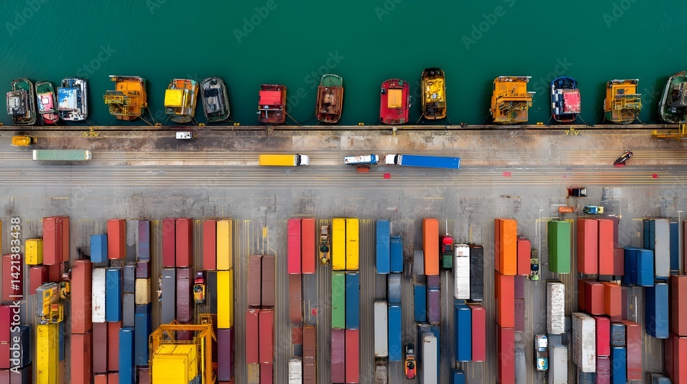 Fototapete aerial perspective of a bustling shipping port with stacks of multicolored cargo containers being lo