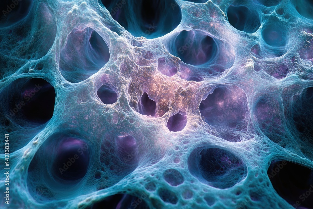 Fototapete Abstract image depicting a complex network of interconnected structures resembling a porous, organic material.